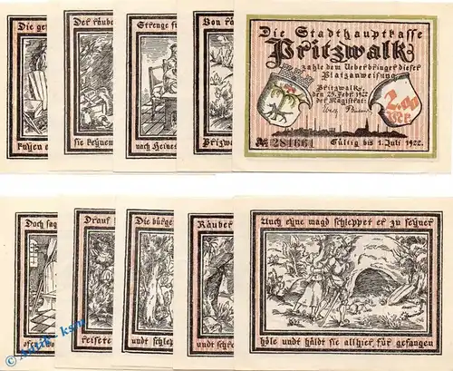 Notgeld Pritzwalk , Set mit 10 Scheinen in kfr. Mehl Grabowski 1077.1 , von 1922 , Brandenburg Seriennotgeld