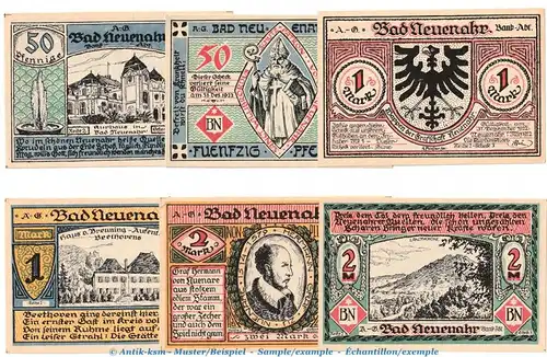 Notgeld Kurdirektion Neuenahr 938.2 , Set -Reihe 2- mit 6 Scheinen in kfr. von 1922 , Rheinland Seriennotgeld