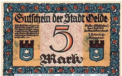 Notgeld Oelde , 5 Mark Schein o. Wz. in kfr. Mehl Grabowski 1007.3 , von 1921 , Westfalen Seriennotgeld