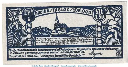 Notgeld Kreisbote Neustadt 964.3 , 1,50 Mark Schein in kfr. von 1921 , Thüringen Seriennotgeld