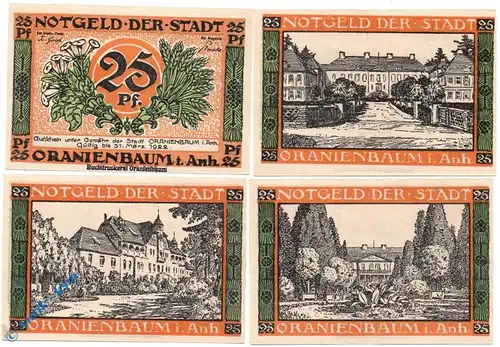 Notgeld Oranienbaum , Set mit 4 x 25 Pfennig , Mehl Grabowski 1024.1 , Sachsen Anhalt Seriennotgeld