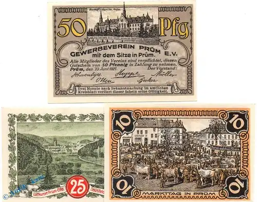 Notgeld Prüm , Set mit 3 Scheinen kfr , Juni , Mehl Grabowski 1079.2 , von 1921 , Rheinland Pfalz Seriennotgeld