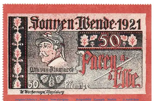 Notgeld Parey Sonnenwende 1921 , 50 Pfennig Nr 1 -gezähnt- in kfr. von 1921 , Sachsen Anhalt Seriennotgeld