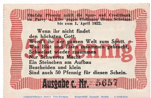 Notgeld Parey Sonnenwende 1921 , 50 Pfennig Nr 2 -gezähnt- in kfr. von 1921 , Sachsen Anhalt Seriennotgeld