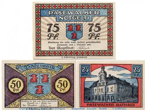 Notgeld Stadt Pasewalk 1049.1 , Set  mit 3 Scheinen in kfr. von 1921 , Mecklenburg Vorpommern Seriennotgeld
