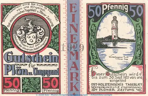 Notgeld Stadt Plön 1063.10.a , 50 + 50 Pfennig -Mit Kennummer- in kfr. von 1921 , Schleswig Holstein Seriennotgeld
