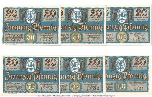 Notgeld Gemeinde Oberhof 996.4 , Set mit 6 Scheinen 20 Pf. in kfr. von 1921 , Thüringen Seriennotgeld