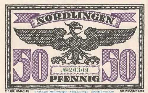 Notgeld Stadt Nördlingen 978.12 , 50 Pfennig Schein in kfr. von 1919 , Bayern Seriennotgeld