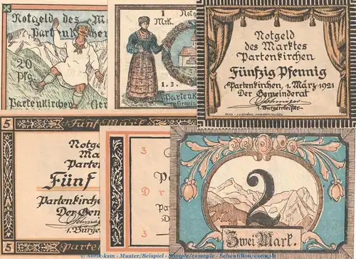 Notgeld Marktgemeinde Partenkirchen 1048.1 , Set mit 6 Scheinen in kfr. von 1921 , Bayern Seriennotgeld