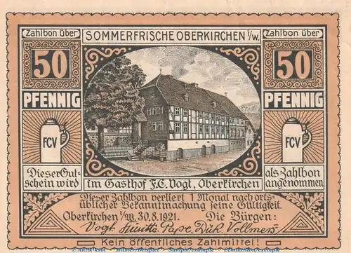 Notgeld Gasthof F.C. Vogt Oberkirchen 997.1 , 50 Pfennig Schein in kfr. von 1921 , Westfalen Seriennotgeld