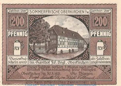 Notgeld Gasthof F.C. Vogt Oberkirchen 997.1 , 200 Pfennig Schein in kfr. von 1921 , Westfalen Seriennotgeld