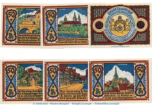 Notgeld Stadt Osnabrück 1032.1 , Set mit 6 Scheinen in kfr. von 1921 , Niedersachsen Seriennotgeld