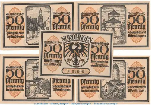 Notgeld Stadt Nördlingen 978.10 , Set mit 5 Scheinen -gelbbraun- in kfr. von 1918 , Bayern Seriennotgeld
