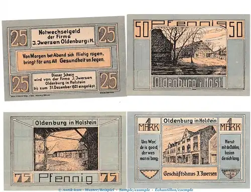 Notgeld J.Iwersen Oldenburg 1014.1.b , Set mit 4 Scheinen in kfr. von 1921 , Schleswig Holstein Seriennotgeld