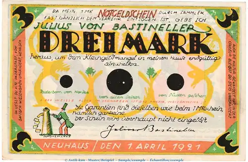 Notgeld Bastineller Neuhaus 944.3 , 3 Mark Schein in kfr. von 1921 , Westfalen Seriennotgeld