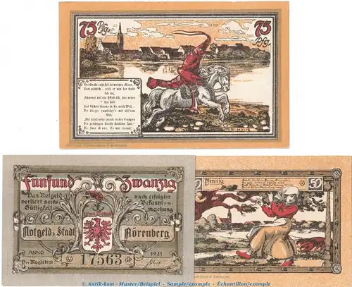 Notgeld Stadt Nörenberg 979.39-41 , Set mit 3 Scheinen in kfr. von 1921 , Pommern Seriennotgeld