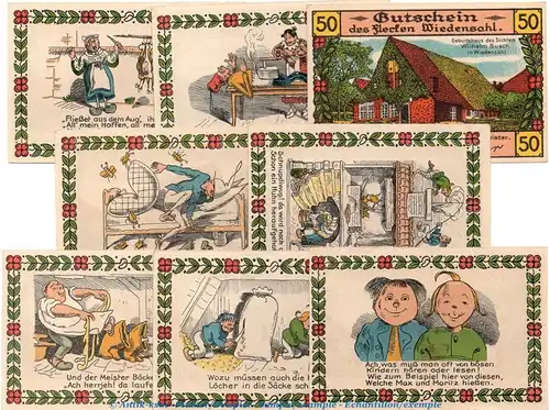 Notgeld Wiedensahl 1424.1 , Max und Moritz Set mit 8 Scheinen in kfr. o.D. , Niedersachsen Seriennotgeld