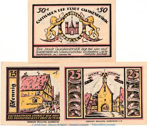 Notgeld Stadt Quakenbrück 1086.1 , Set mit 3 Scheinen in kfr. von 1921 , Niedersachsen Seriennotgeld