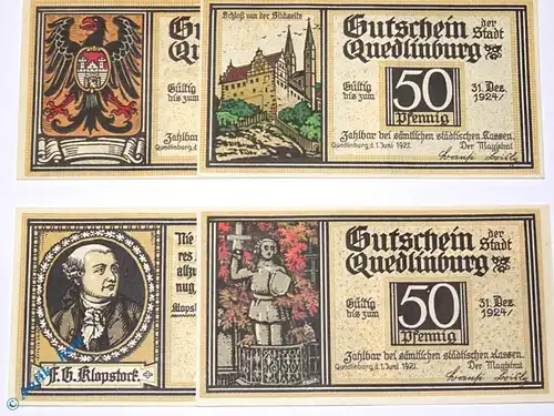 Notgeld Stadt Quedlinburg 1087.1 , Klopstock Set mit 4 Scheinen in kfr. von 1921 , Sachsen Anhalt  Seriennotgeld