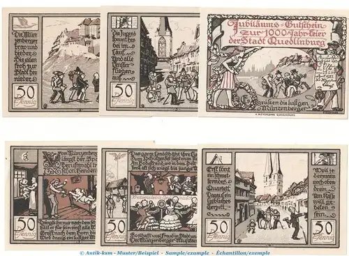 Notgeld Stadt Quedlinburg 1087.5 , Musikantenserie Set mit 6 Scheinen in kfr. von 1922 , Sachsen Anhalt Seriennotgeld