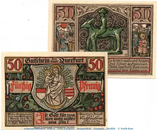 Notgeld Stadt Querfurt 1090.2 , Set mit 2 Scheinen in kfr. von 1921 , Sachsen Anhalt Seriennotgeld