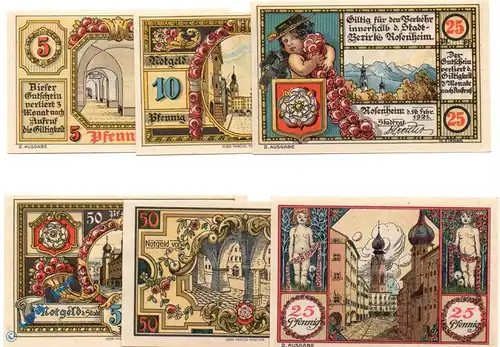 Notgeld Rosenheim , Set mit 6 Scheinen , 2. Ausgabe , Mehl Grabowski 1134.2 , von 1921 , Bayern Seriennotgeld