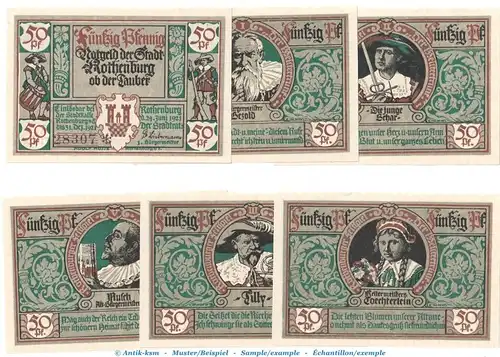 Notgeld Stadt Rothenburg o.T. 1142.2.a , Set mit 6 Scheinen in kfr. von 1921 , Bayern Seriennotgeld