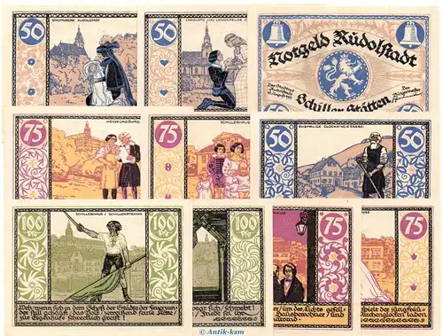 Notgeld Stadt Rudolstadt 1146.2 , Schiller Set mit 10 Scheinen in kfr. von 1921 , Thüringen Seriennotgeld