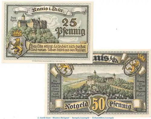 Notgeld Stadt Ranis 1096.1 , Set mit 2 Scheinen in kfr.von 1921 , Thüringen Seriennotgeld