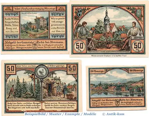 Notgeld Roda bei Ilmenau , Set mit 4 Scheinen in kfr. Mehl Grabowski 1128.1 , von 1921 , Thüringen  Seriennotgeld