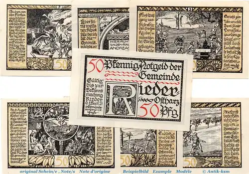 Notgeld Gemeinde Rieder 1122.2 , Set mit 7 Scheinen in kfr. von 1921 , Sachsen Anhalt Seriennotgeld