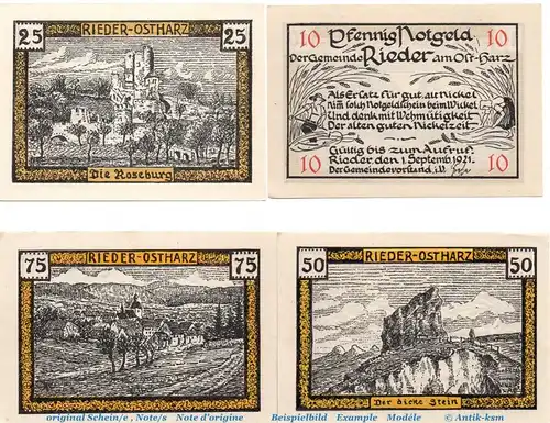 Notgeld Gemeinde Rieder 1122.1.a , Set mit 4 Scheinen in kfr. von 1921 , Sachsen Anhalt Seriennotgeld