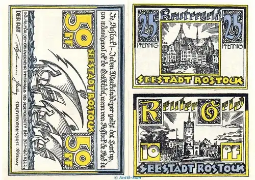 Notgeld Stadt Rostock 1138.1 , Reutergeld Set mit 3 Scheinen in kfr. o.D. Mecklenburg Vorpommern Seriennotgeld