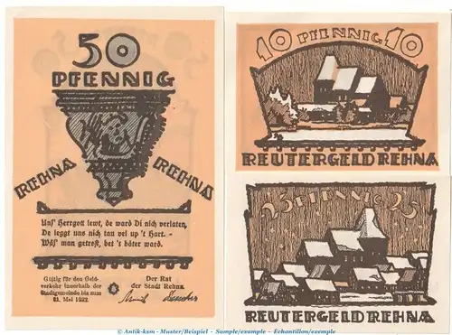 Notgeld Stadt Rehna 1109.2 , Reutergeld Set mit 3 Scheinen in kfr. o.D. Mecklenburg Vorpommern Seriennotgeld