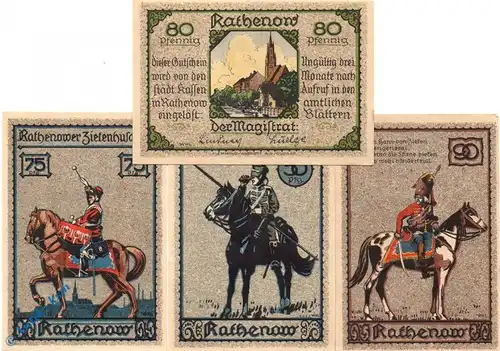 Notgeld Rathenow , Husaren , Set mit 4 Scheinen kfr , Mehl Grabowski 1099.2 , von 1921 , Brandenburg Seriennotgeld