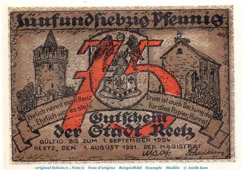 Notgeld Stadt Reetz 1105.1 , 75 Pfennig Schein in kfr. von 1921 , Brandenburg Seriennotgeld