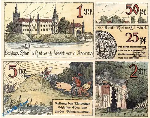 Notgeld Rietberg , Set mit 5 Scheinen in kfr. Mehl Grabowski 1123.1 , von 1921 , Westfalen Seriennotgeld