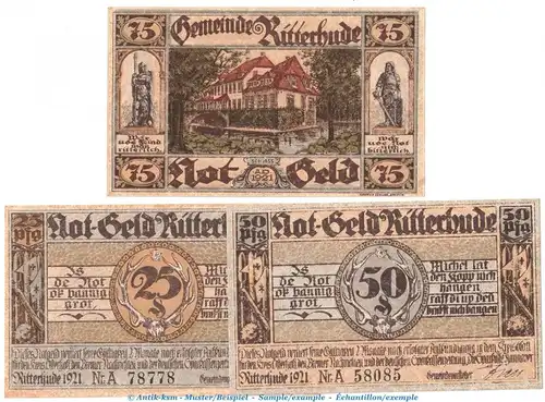 Notgeld Stadt Ritterhude 1126.1 , Set mit 3 Scheinen in kfr. o.D. Niedersachsen Seriennotgeld