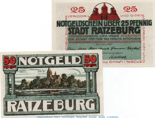 Notgeld Stadt Ratzeburg , 1101.1 Set mit 2 Scheinen in kfr. von 1921 , Schleswig Holstein Seriennotgeld