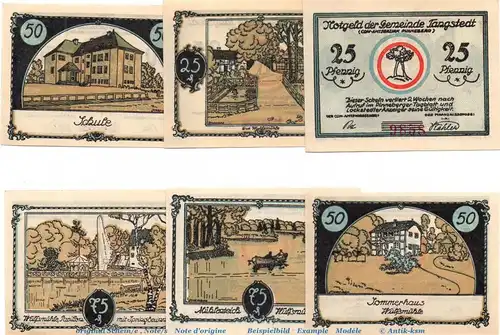 Notgeld Gemeinde Tangstedt 1309.1 , Set mit 6 Scheinen in kfr. von 1921 , Schleswig Holstein Seriennotgeld