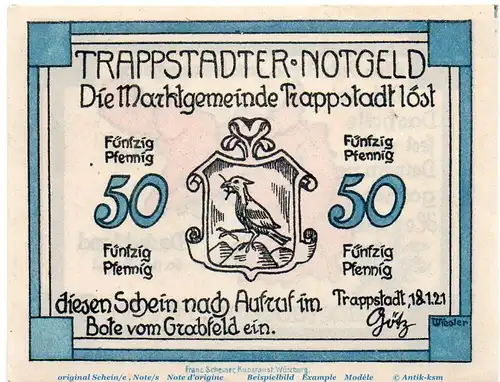 Notgeld Marktgemeinde Trappstadt 1335.2 50 Pfennig Schein in kfr. von 1921 , Bayern Seriennotgeld