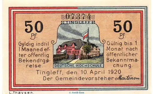 Notgeld Gemeinde Tingleff 1325.4 , 50 Pfennig Schein in kfr. von 1920 , dänisch Nordschleswig Seriennotgeld