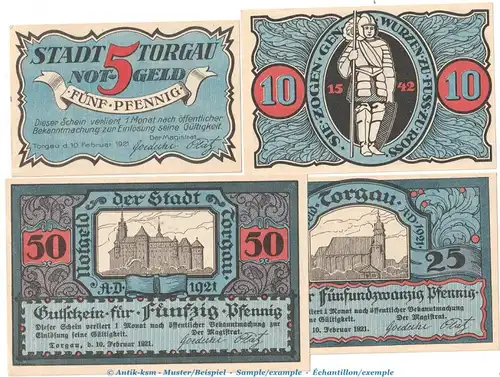 Notgeld Stadt Torgau 1331.3 , Set mit 4 Scheinen in kfr. von 1921 , Sachsen Seriennotgeld