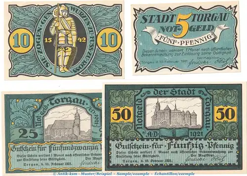 Notgeld Stadt Torgau 1331.2 , Set mit 4 Scheinen -blaugrün- in kfr. von 1921 , Sachsen Seriennotgeld