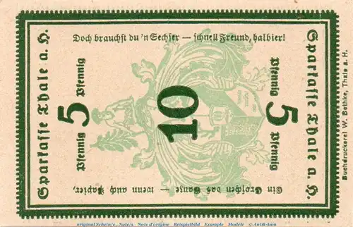 Notgeld Sparkasse Thale 1319.1 , 10 Pfennig Doppelschein in kfr. von 1921 , Sachsen Anhalt Seriennotgeld