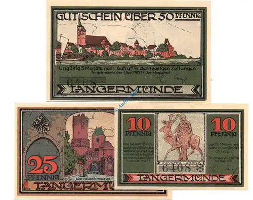 Notgeld Tangermünde , Set mit 3 Scheinen , Mehl Grabowski 1308.1 , von 1921 , Sachsen Anhalt Serien Notgeld