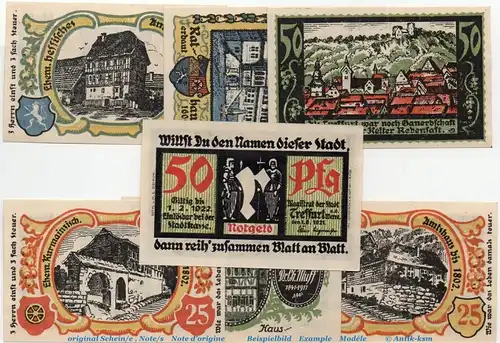 Notgeld der Stadt Treffurt , 1338.1 Set mit 7 Scheinen in kfr. von 1921 , Thüringen Seriennotgeld