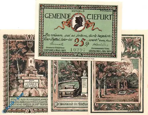 Notgeld Tiefurt , Set mit 4 Scheinen kfr , grün , Mehl Grabowski 1323.2 , von 1921 , Thüringen Seriennotgeld