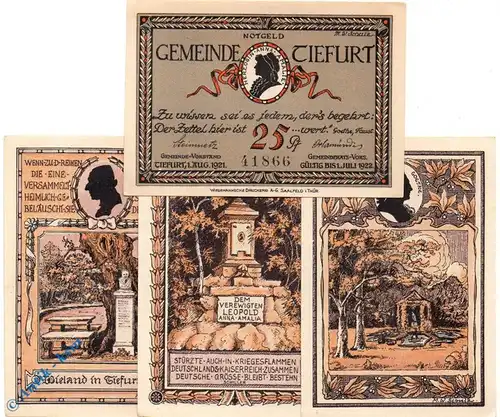 Notgeld Tiefurt , Set mit 4 Scheinen kfr , braun , Mehl Grabowski 1323.1 , von 1921 , Thüringen Seriennotgeld