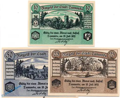 Notgeld Stadt Tannroda 1310.1 , Set mit 3 Scheinen in kfr. von 1921 , Thüringen Seriennotgeld